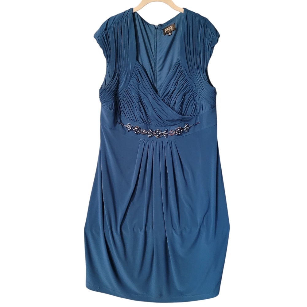 Adrianna Papell teal blue ruched & pleated midi dress - 16W.        S4